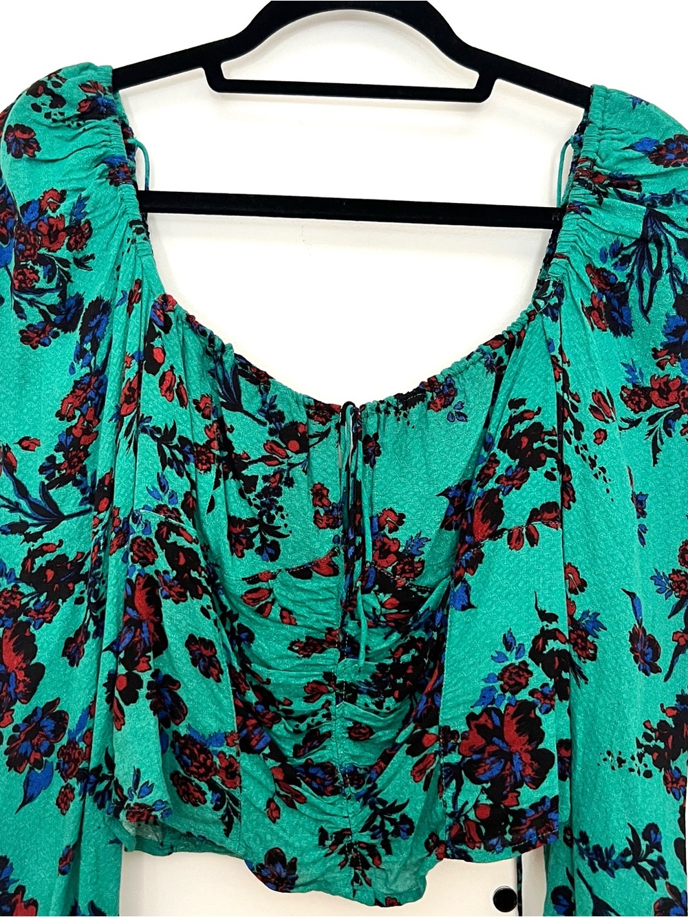 Free People Teal Floral Peasant Top with Ruched Front - Small